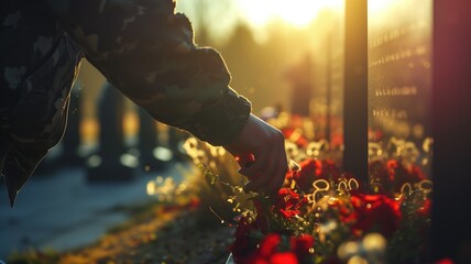 A person placing flowers on a memorial site at sunset