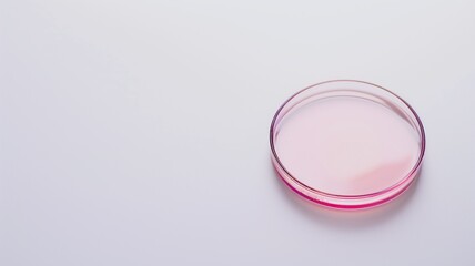 Petri dish with pink liquid on a white surface