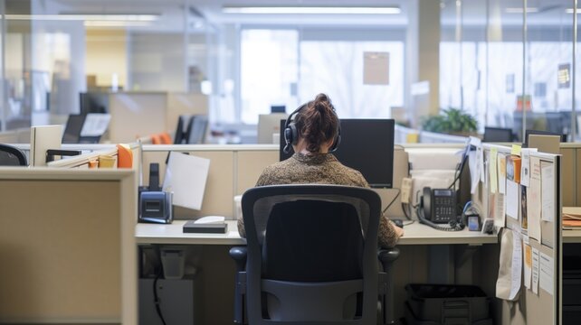 Woman at a cubicle with headphones