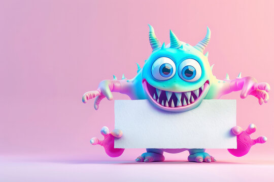 cute 3d monster holding empty space for text! The blank sign offers the option to add your own text or image for advertising, announcements, invitations or greeting cards. monster to your content