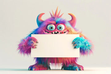 cute 3d monster holding empty space for text! The blank sign offers the option to add your own text or image for advertising, announcements, invitations or greeting cards. monster to your content - obrazy, fototapety, plakaty