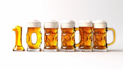 Close-up of five beer steins filled with beer on white background.