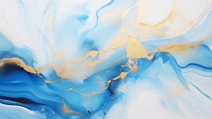 Blue, Gold Alcohol Ink Fluid Art. Luxury abstract fluid art painting in alcohol ink technique. Tender and dreamy design. Modern art. Marble texture. Alcohol ink colors translucent