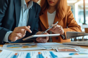 A man and woman are seated at a table, engaged in using a tablet device, Focused business professionals working together on a digital tablet, AI Generated