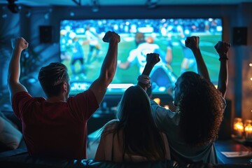 A diverse group of individuals gathered around a television, engrossed in watching a football game together, Friends cheering and watching a sports game on a big screen, AI Generated