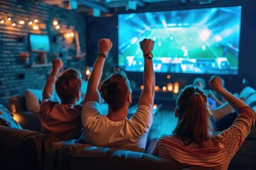 Fototapeta na wymiar A diverse group of individuals sitting together in a room, attentively watching a television screen, Friends cheering and watching a sports game on a big screen, AI Generated