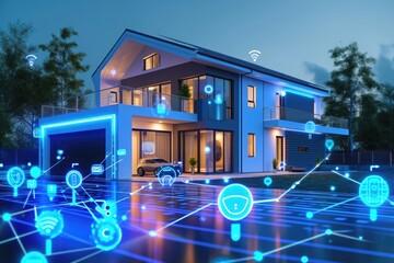 A house with numerous interconnected lights adorning its exterior, creating a vibrant and captivating display, Fully automated smart home technology in a newly constructed modern house, AI Generated - obrazy, fototapety, plakaty