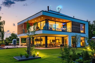 A Large House With Abundant Windows, Fully automated smart home technology in a newly constructed modern house, AI Generated