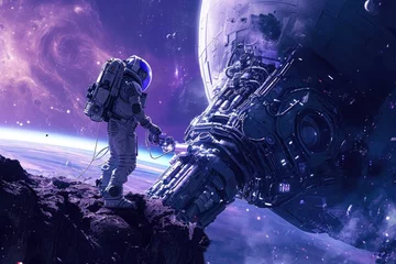 Papier Peint photo Violet A man stands triumphantly on the peak of a mountain, overshadowed by the grandeur of a nearby space station, Future robots repairing a spaceship in the cosmos, AI Generated