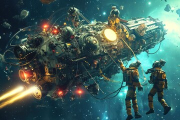 Two men floating in space with a space station visible in the background, Future robots repairing a spaceship in the cosmos, AI Generated