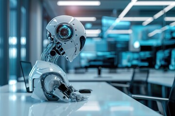 A robotic device perched on a plain white table, showcasing its presence and functionality, Futuristic concept of accounting with paperless offices and AI assistants, AI Generated