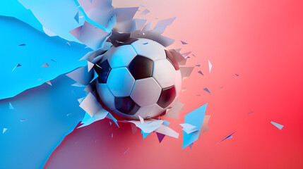 Dynamic Soccer Ball Breaking Through Colorful Barrier - obrazy, fototapety, plakaty