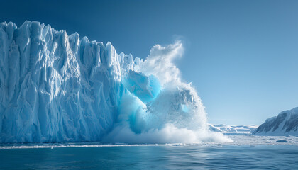 Collapsing huge iceberg wall moment in polar arctic sea waters. Climate change, Global warming and...