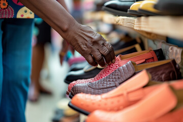 AI image of black senior woman choosing shoes in shop. Modern and comfortable shoes for mature people. - Powered by Adobe