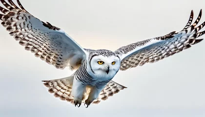 Zelfklevend Fotobehang snowy owl in flight on white background generated illustration © Toby