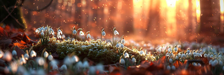 snowdrops in the morning, in the style of landscape-focused, photo-realistic landscapes, whimsical nature