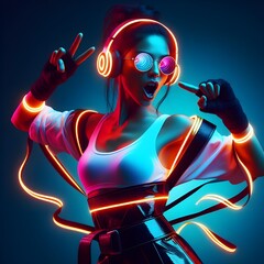 happy female woman futuristic player wearing glowing headphones and avant Garde reflective sunglasses jump dancing 