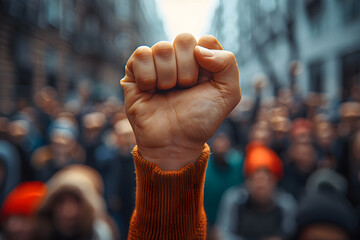 Person Holding Up Fist in Front of Crowd of People