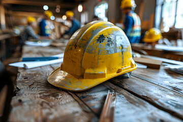 Hard Hat on Wooden Table