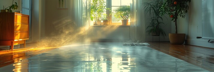 A room featuring a large window and a water spout. Sunlight illuminates the floor where a rag lies.