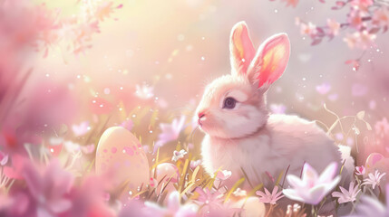 Obraz premium Cute Easter bunny on a flowery forest or field background for Easter party concept