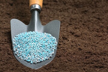 Chemical fertilizers in planting spoon with space for entering a description - 744203173