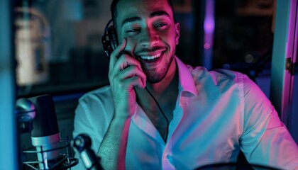 A man wearing headphones in a recording studio - obrazy, fototapety, plakaty