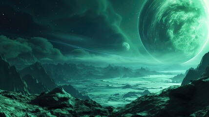 Obraz premium Alien landscape with green planet in sky