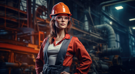 A young woman engineer wearing a protective helmet and goggles Generative AI