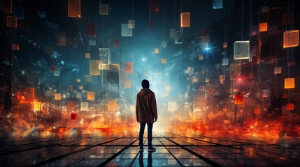 Figure stands amidst floating cubes in a surreal, illuminated cityscape - obrazy, fototapety, plakaty