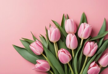 Obraz premium Beautiful composition spring flowers Bouquet of pink tulips flowers on pastel pink background Spring pink background