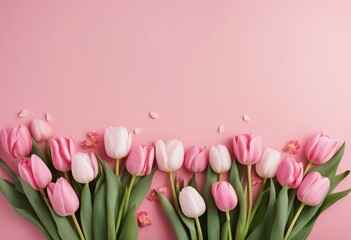 Beautiful composition spring flowers Bouquet of pink tulips flowers on pastel pink background Valentine's day 