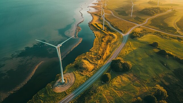 Capturing the beauty and harmony of renewable energy, a stunning aerial shot of a wind turbine overlooking a serene estuary and continental shelf, highlighting the importance of preserving our water 
