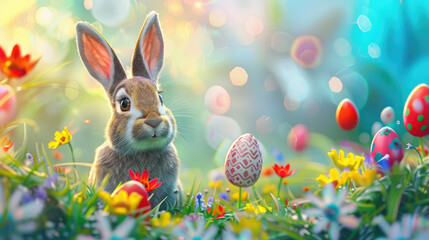 Fototapeta na wymiar Cute Easter bunny on a flowery forest or field background for Easter party concept