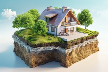 House With Trees on Top of Land, Geothermal heating and cooling systems in the construction of energy-efficient residential buildings, AI Generated - obrazy, fototapety, plakaty