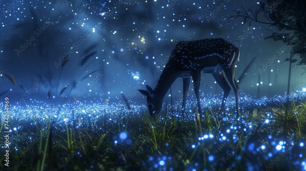 Aufkleber a majestic deer serenely feeds beneath a starlit sky, its graceful form illuminated by a field of sh