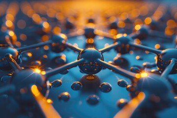 A detailed view of multiple metal balls and chains arranged closely together, Graphene, one atom thick, under a powerful microscale lens, AI Generated