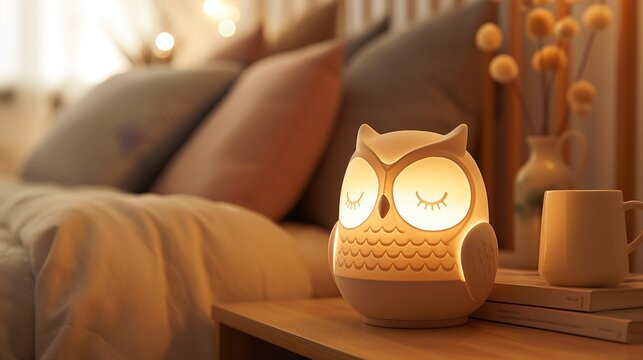 In a badroom in pastel beige tones, there is an owl lamp next to the bed. Restful sleep, time to dream, peace and wisdom. Calm and relax time