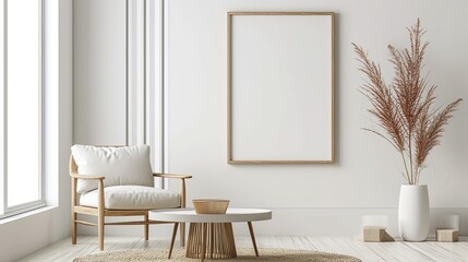 Modern natural simple interior living room with armchair and coffe table. Copy space empty white frame for text on the wall	