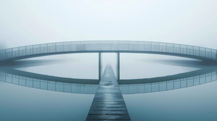 A misty sky envelops a towering building and a bridge, creating a surreal scene of reflection and connection between land and water