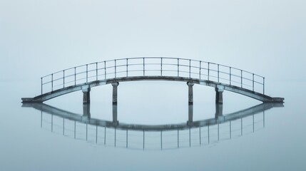 Fototapeta premium A mysterious bridge stands tall over a tranquil body of water, shrouded in fog and reflecting the vastness of the sky, creating a surreal outdoor landscape