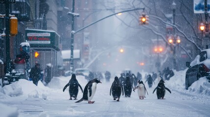 A resilient group of penguins brave the treacherous winter storm, marching on the snow-covered streets as a lone person watches from the safety of a tree in the city - obrazy, fototapety, plakaty