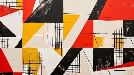Painting with red white black and yellow geometric pattern made with acrylic paints as abstract background - obrazy, fototapety, plakaty
