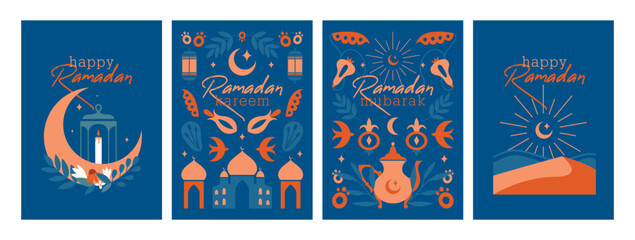 Ramadan Mubarak. Ramadan Kareem. Set of islamic cards, banners with greetings, vector modern illustrations of mosque, crescent, lantern, oil lamp, plants, moon. Flat clip arts in boho oriental style. © renberrry
