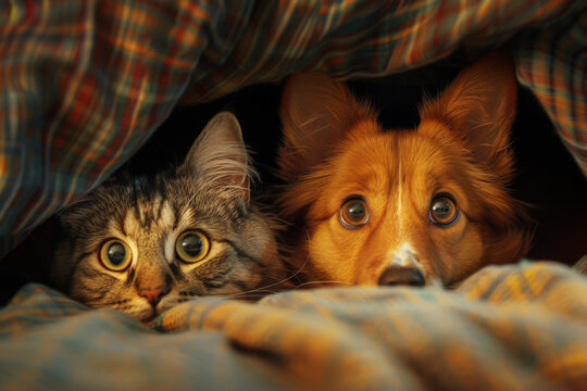 Scared Dog and Cat Seeks Shelter Under Sofa, Fear of Thunderstorm or Fireworks