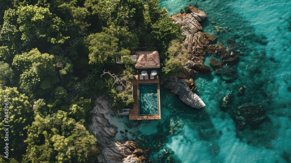 Poster a tranquil oasis nestled among lush greenery, where the sound of rustling leaves and the shimmering 