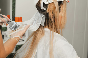 Naklejka premium Woman in beauty salon changing her look. Stylist bleaching her client's hair. Hairdresser and cosmetics.