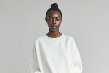 Mockup. Young woman wearing blank basic plain white oversized crewneck sweatshirt. Young female...