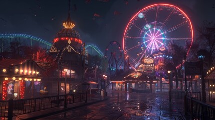 Amusement park at night - ferris wheel and motion rollercoaster