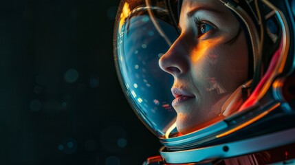 Astronaut or cosmonaut helmet close up side view. Space tourist in space suit in cosmos. Sci-fi portrait of woman astronaut. Space tourism concept. head in a helmet look at space.